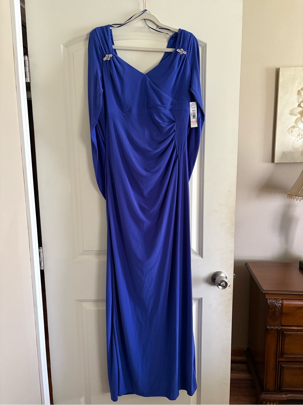 R&M Richards Royal Blue Long Sleeve Draped Evening Gown